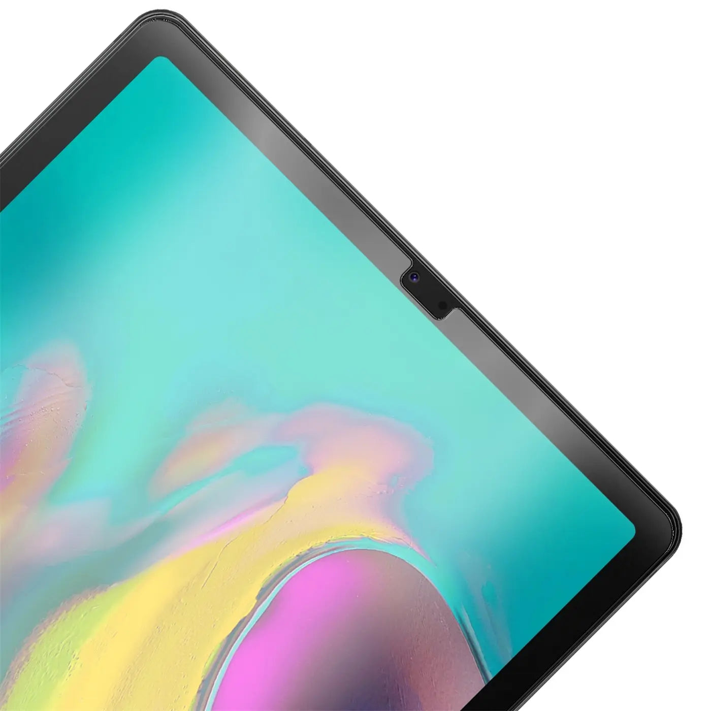 Schwarzes Samsung Galaxy Tab S5e 10.5 mit Panzerglas-Displayschutz, schräg von oben rechts, Frontkamera sichtbar.