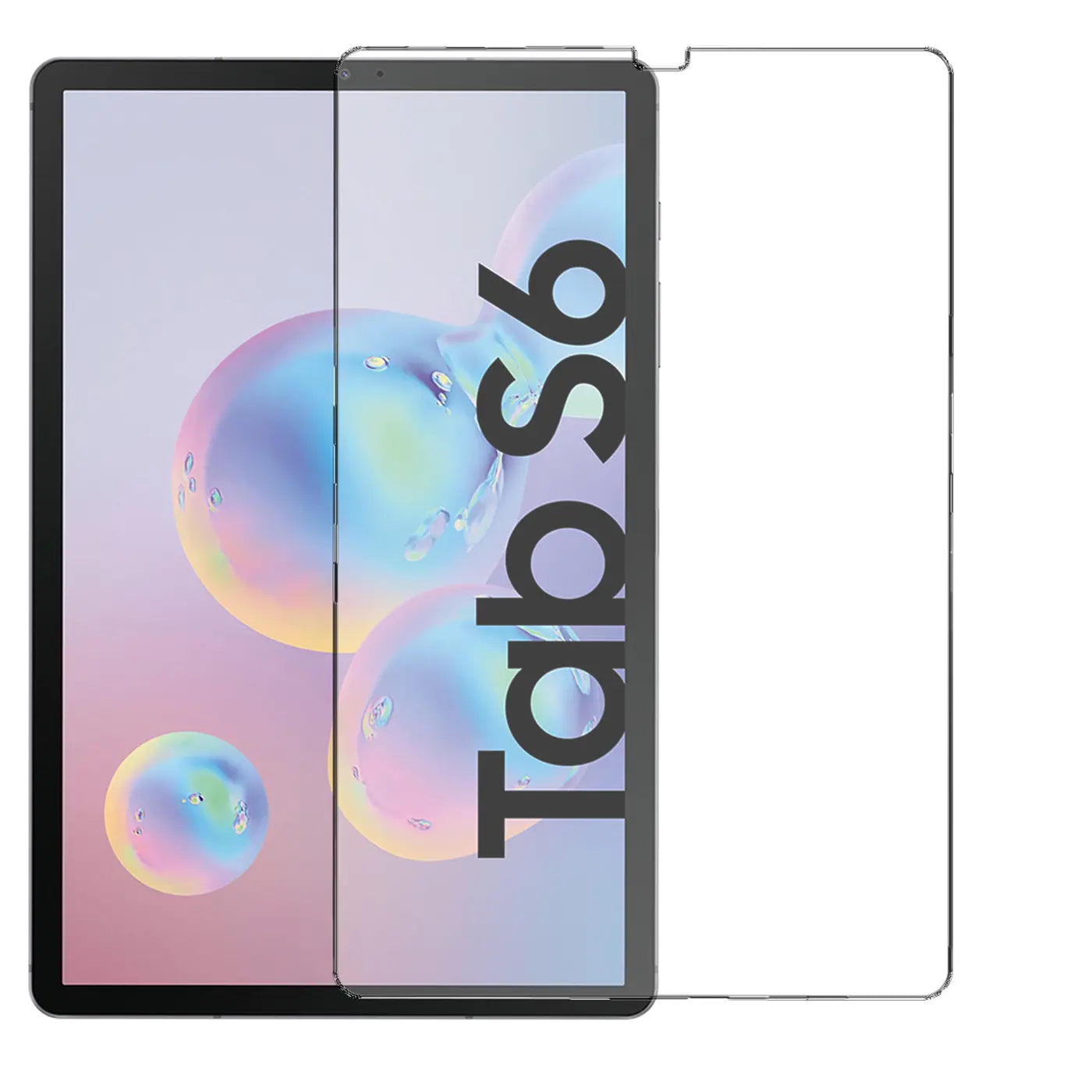 Samsung Galaxy Tab S6 Tablet mit schwarzem Rahmen, Display mit bunten Blasen. Rechts daneben ein transparentes Panzerglas.