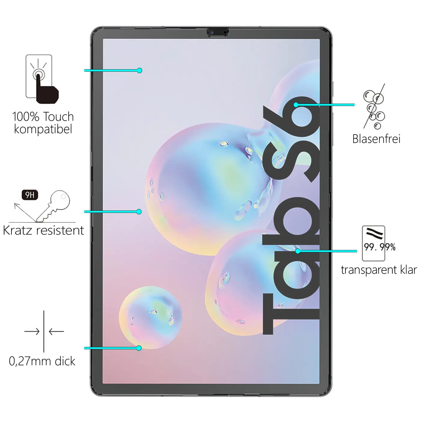 Schwarzes Samsung Galaxy Tab S6 10.5 von vorne mit transparentem Panzerglas-Displayschutz und Produktmerkmalen.