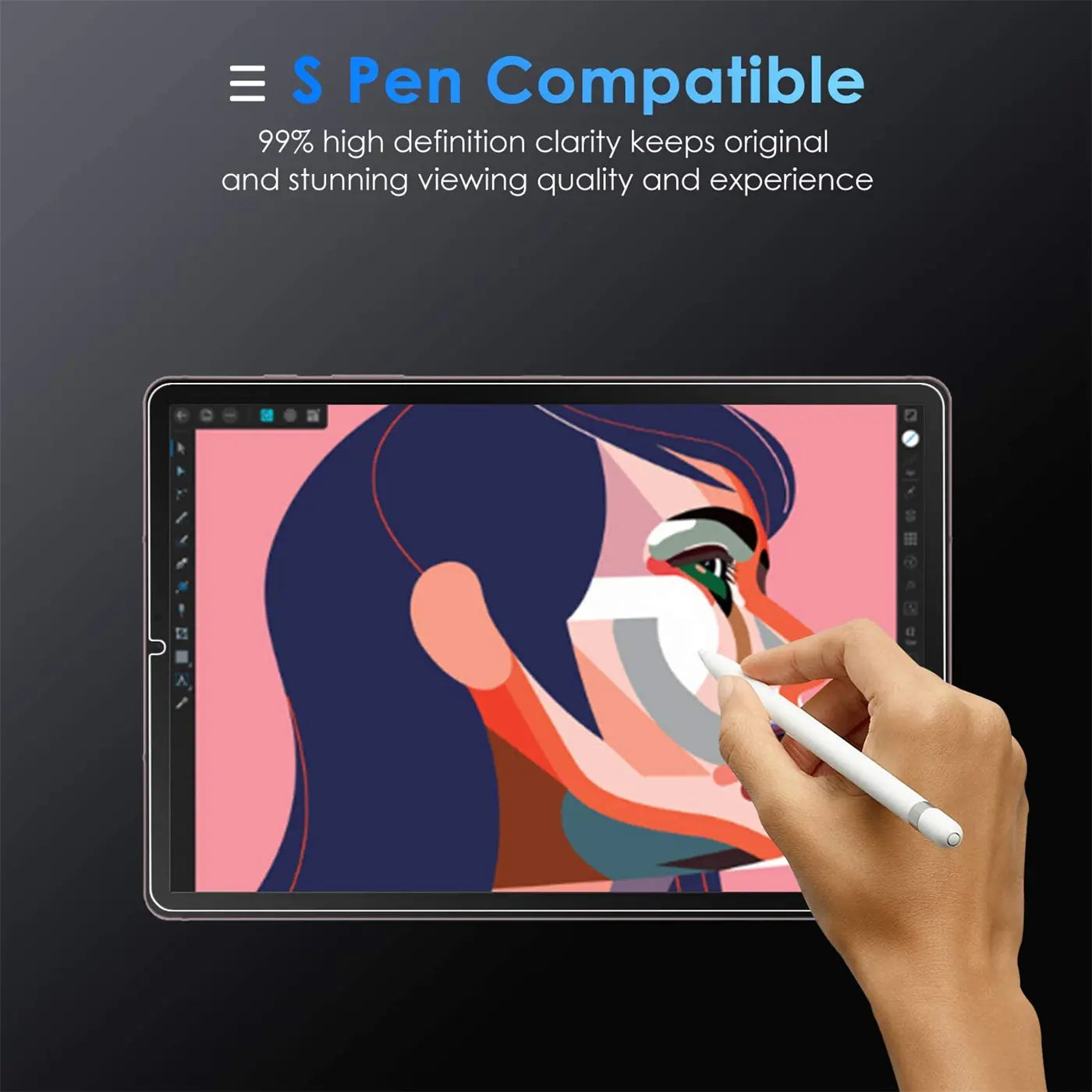 Samsung Galaxy Tab S6 mit Panzerglas Displayschutz. Eine Hand hält einen weißen S Pen und zeichnet auf dem Tablet.