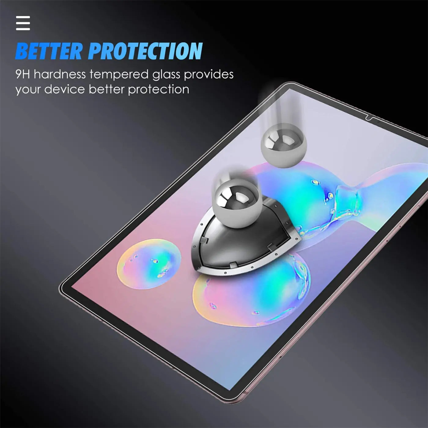 Samsung Galaxy Tab S6 mit Panzerglas-Displayschutz, von oben. Metallkugeln und Schild symbolisieren Schutz.