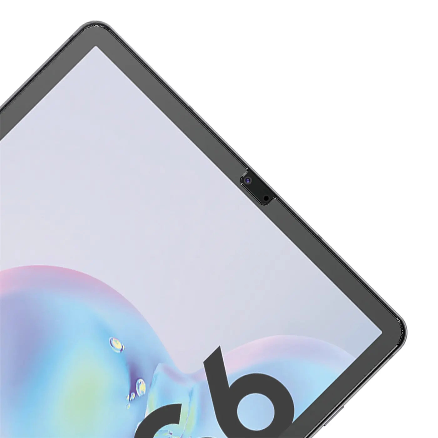 Nahaufnahme eines Samsung Galaxy Tab S6 10.5 mit schwarzem Rand und Panzerglas-Displayschutz, schräg von oben.