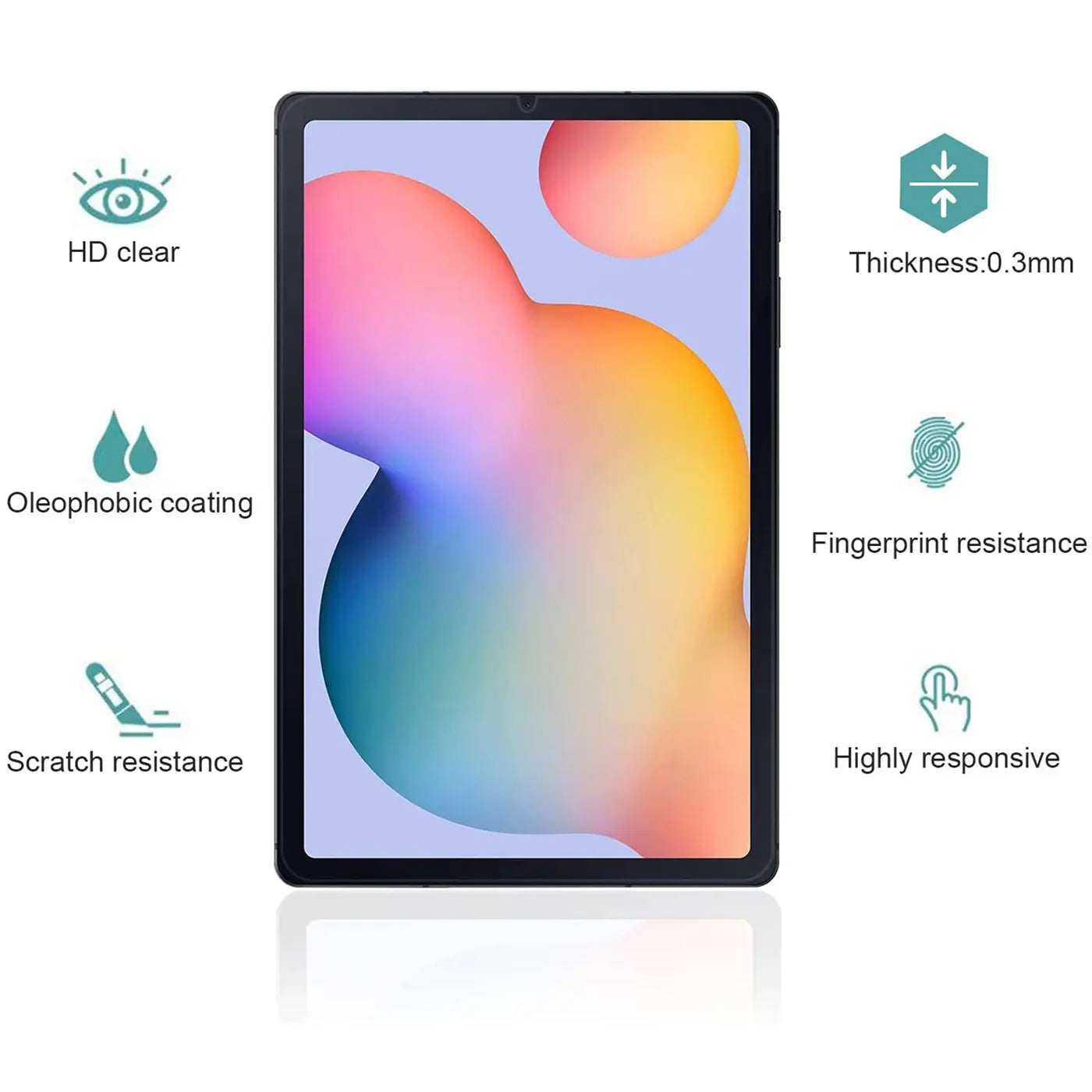Schwarzes Samsung Galaxy Tab S6 Lite von vorne, mit Panzerglas-Displayschutz und Icons für Eigenschaften.