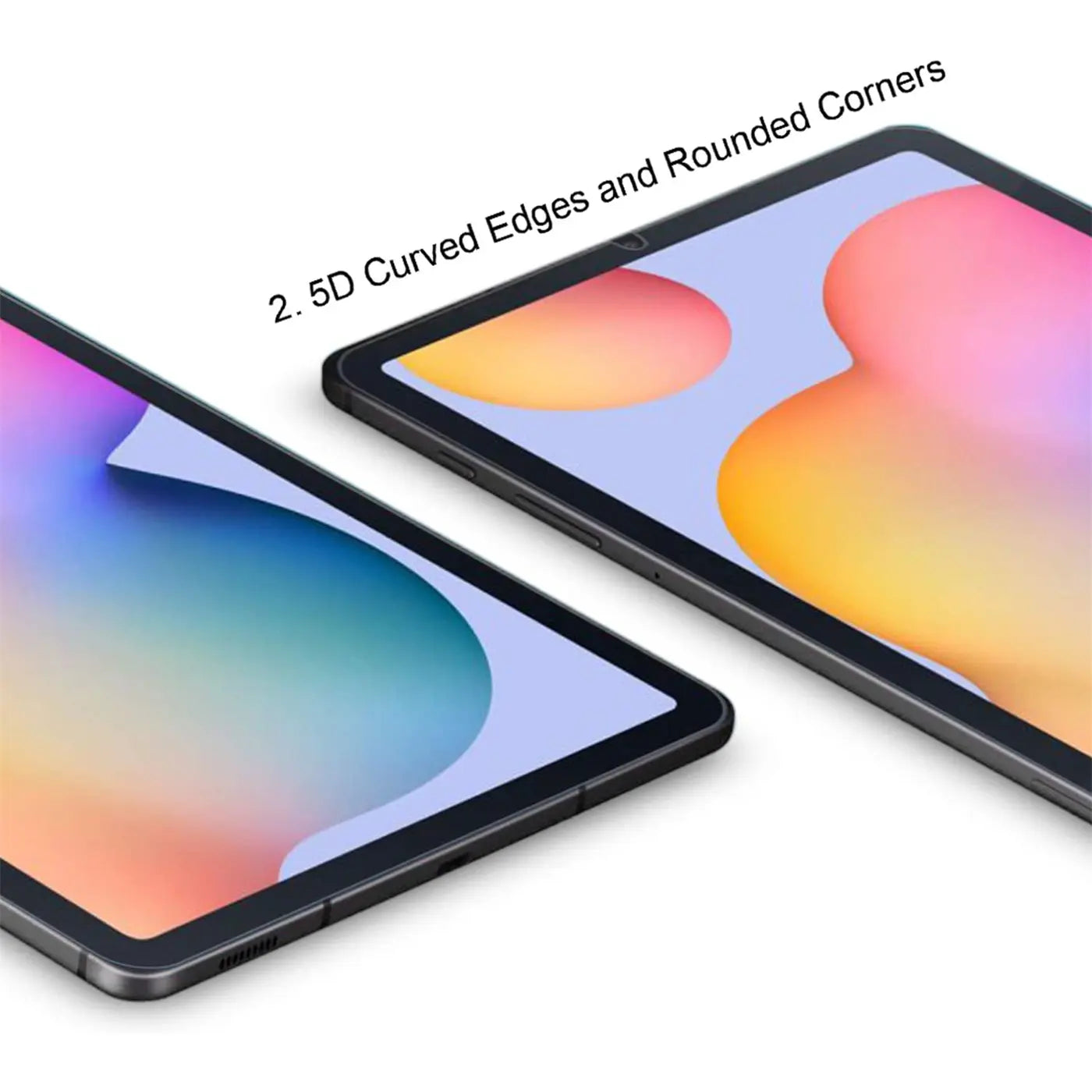 Zwei schwarze Samsung Galaxy Tab S6 Lite Tablets von oben, das vordere schärfer, mit 2.5D Curved Edges.