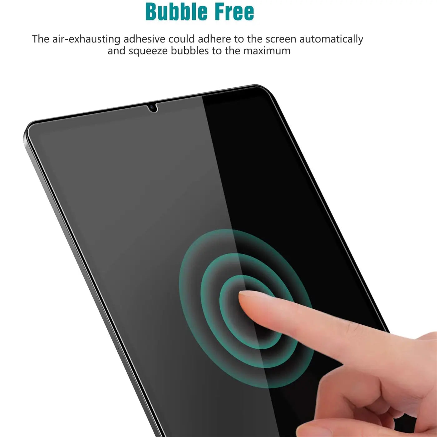 Schwarzes Panzerglas für Samsung Galaxy Tab S6 Lite von oben rechts. Ein Finger drückt auf die Mitte des Glases.