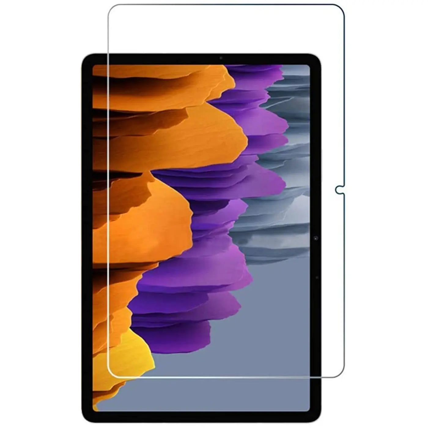 Transparenter Panzerglas-Displayschutz für ein schwarzes Samsung Galaxy Tab S7/S8, frontal auf weißem Hintergrund.