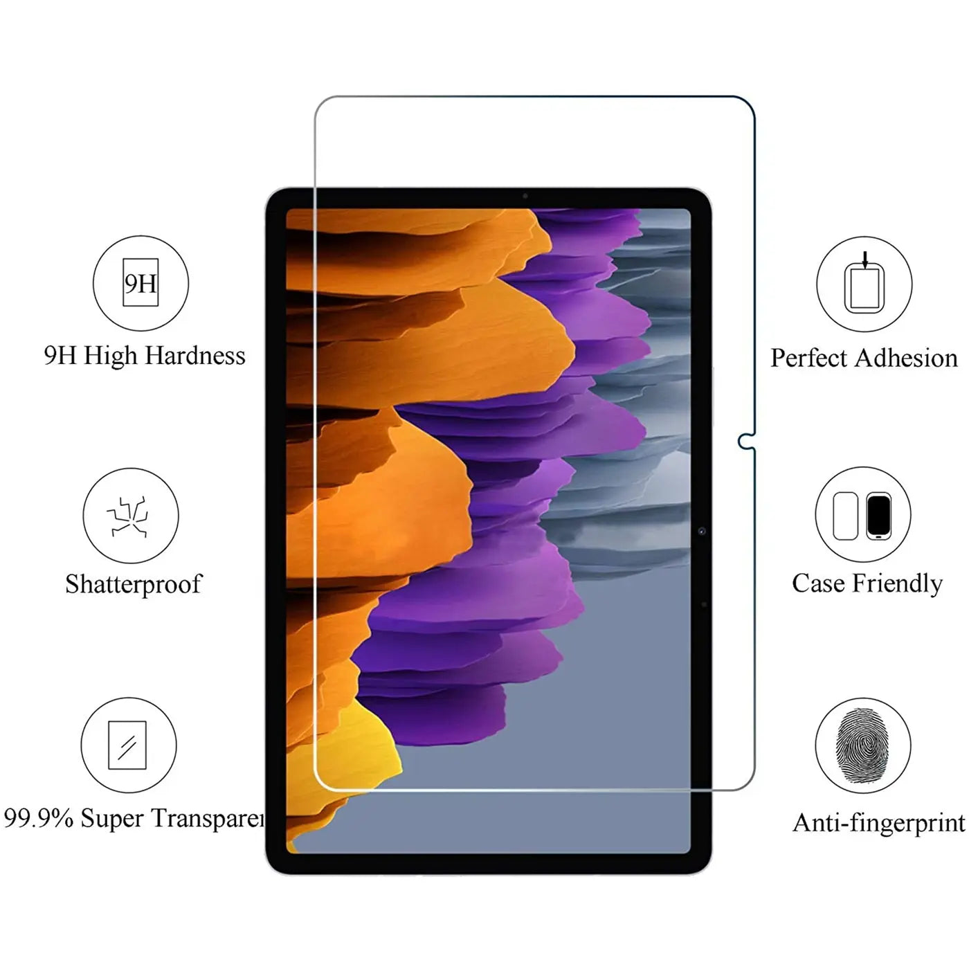 Transparentes Panzerglas für Samsung Galaxy Tab S7/S8, von vorne auf Tablet-Display mit abstraktem Hintergrund.