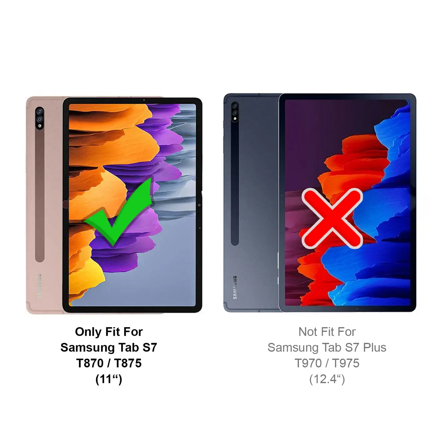 Zwei Tablets, links ein rosafarbenes Samsung Galaxy Tab S7 mit grünem Haken, rechts ein graues Tab S7 Plus mit rotem X.