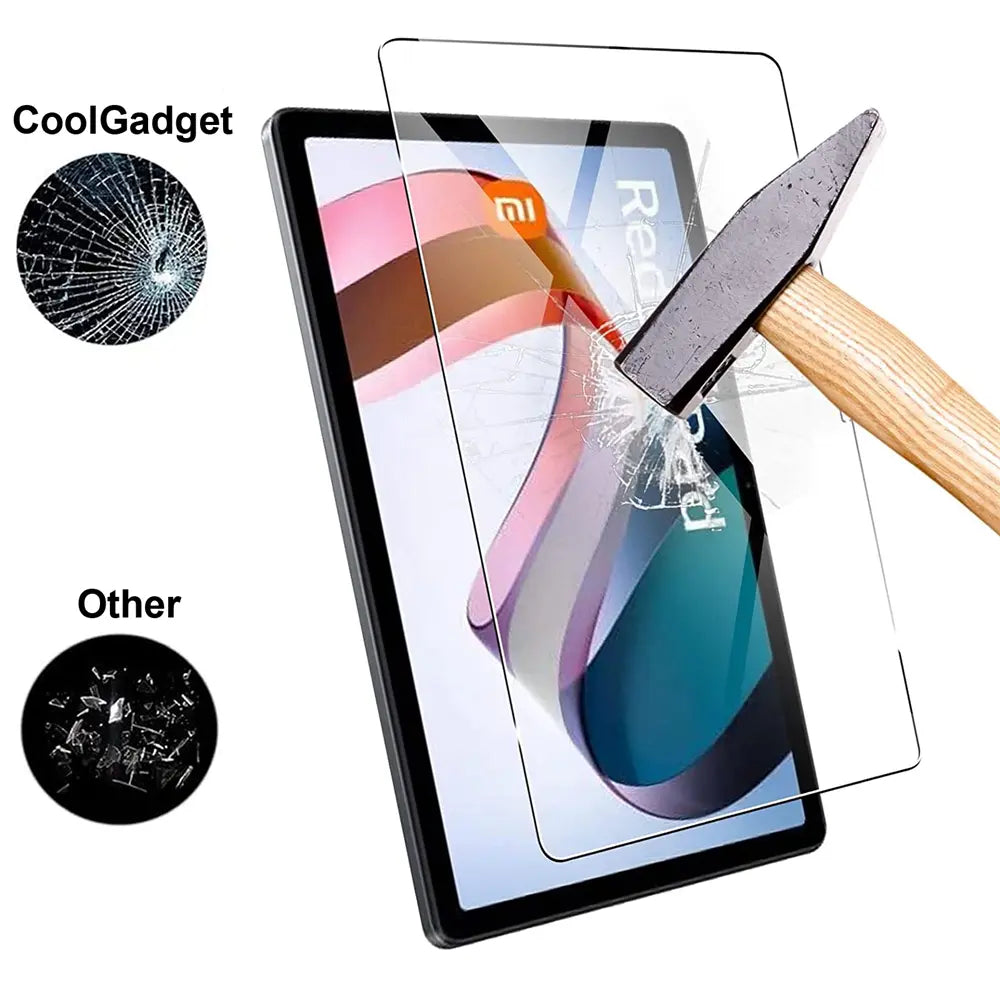 Displayschutz aus Glas auf Xiaomi Redmi Pad, wird von Hammer getroffen.