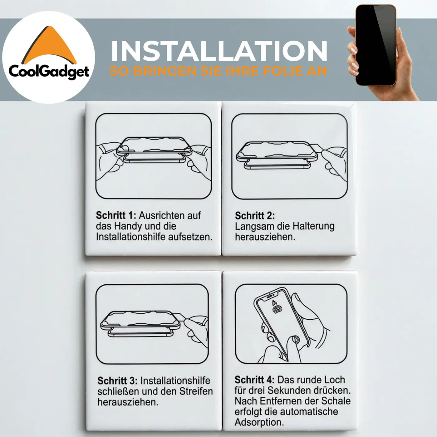 Installationsanleitung für Blickschutzglas: 4 Schritte mit Montagerahmen und Handy.