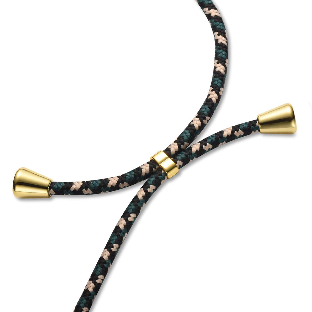 Geflochtene Kordel in Schwarz/Grün/Beige mit goldenen Endkappen und Ringen.