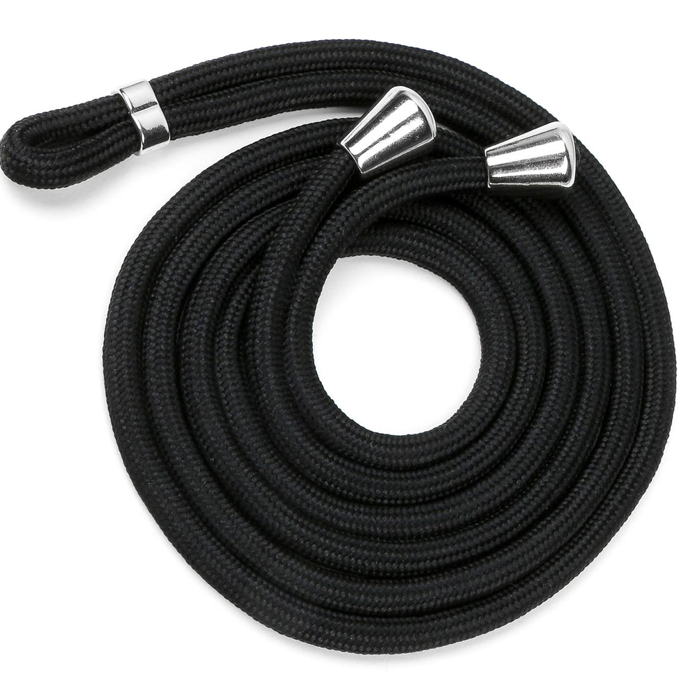 Schwarze Handykette aus Stoff mit silbernen Endkappen, aus der Draufsicht.