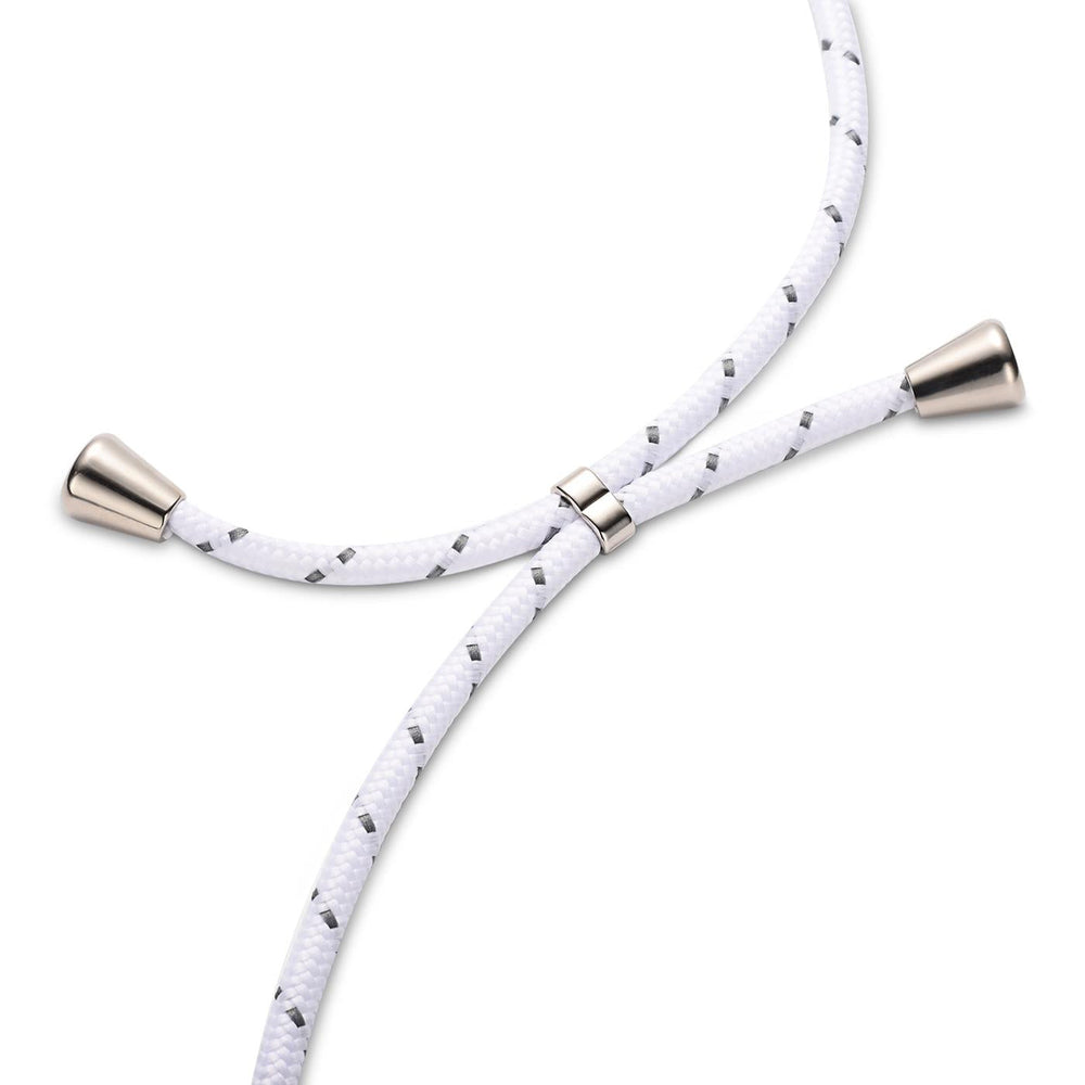 Weiße Kordel mit silbernen Endkappen und Ringen, Nahaufnahme, kein Gerät erkennbar.