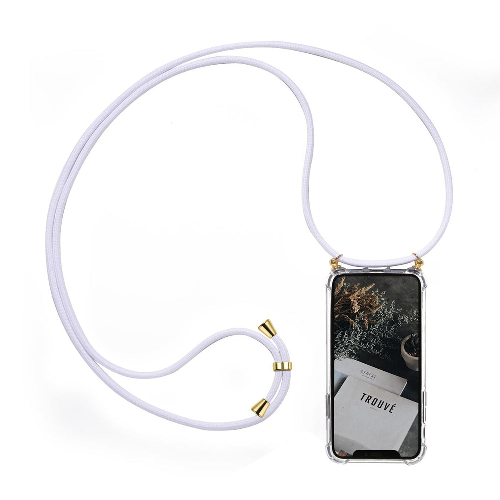 Transparente Handyhülle mit weißer Kordel und goldenen Details, zeigt ein Smartphone.