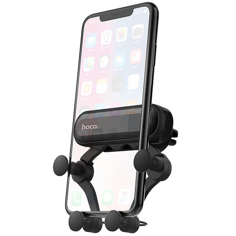 Schwarze Hoco Gravitations-Smartphone-Halterung für Auto-Lüftung, mit automatischer Größenanpassung und stabiler Befestigung.