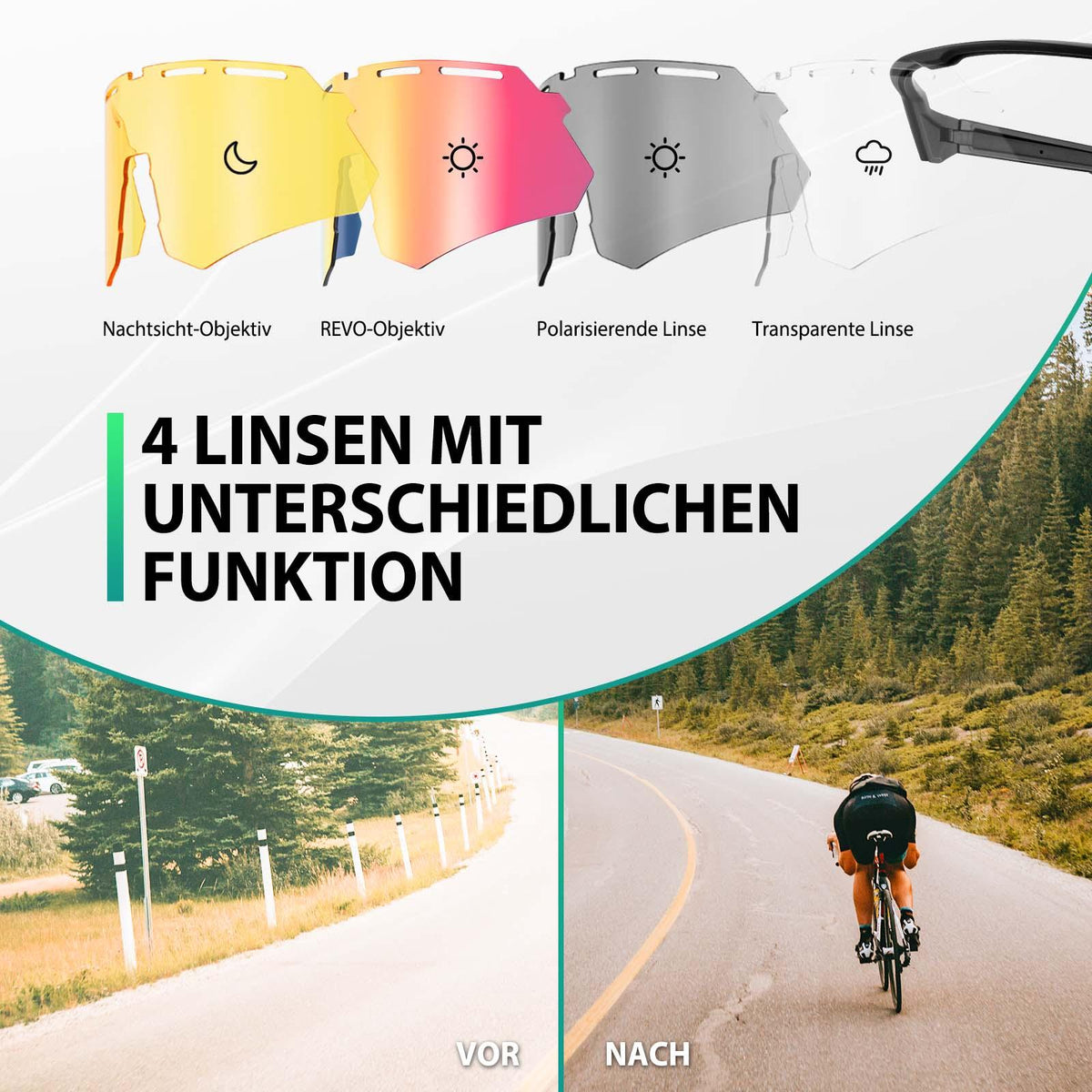 Rockbros Fahrradbrille mit 4 Wechselgläsern Schwarz