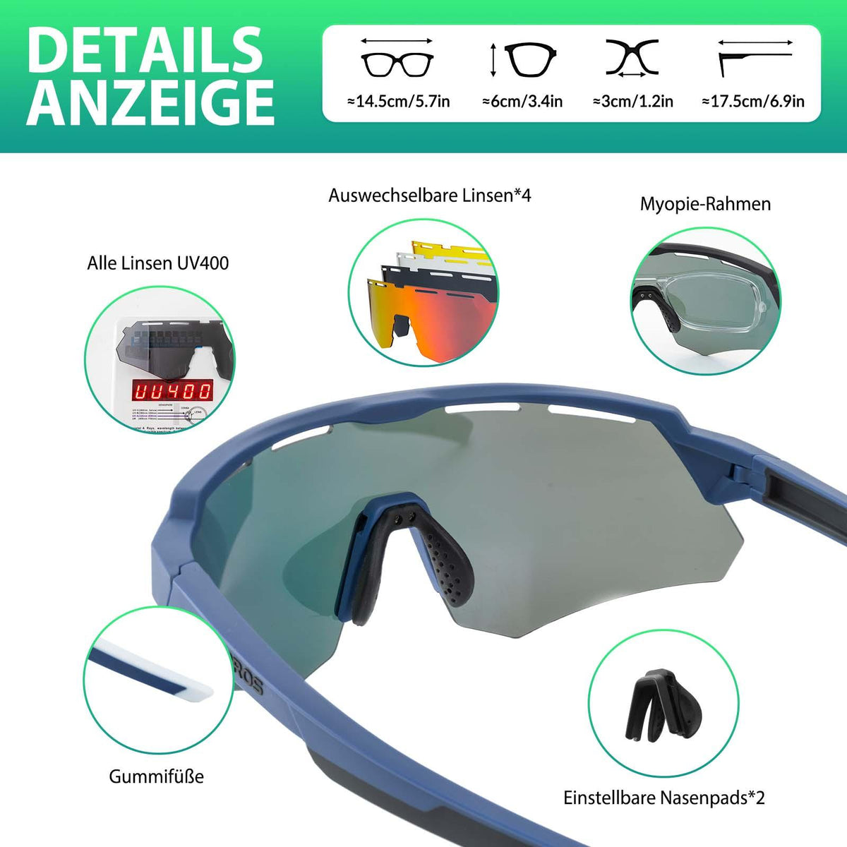 Rockbros Fahrradbrille mit 4 Wechselgläsern Schwarz