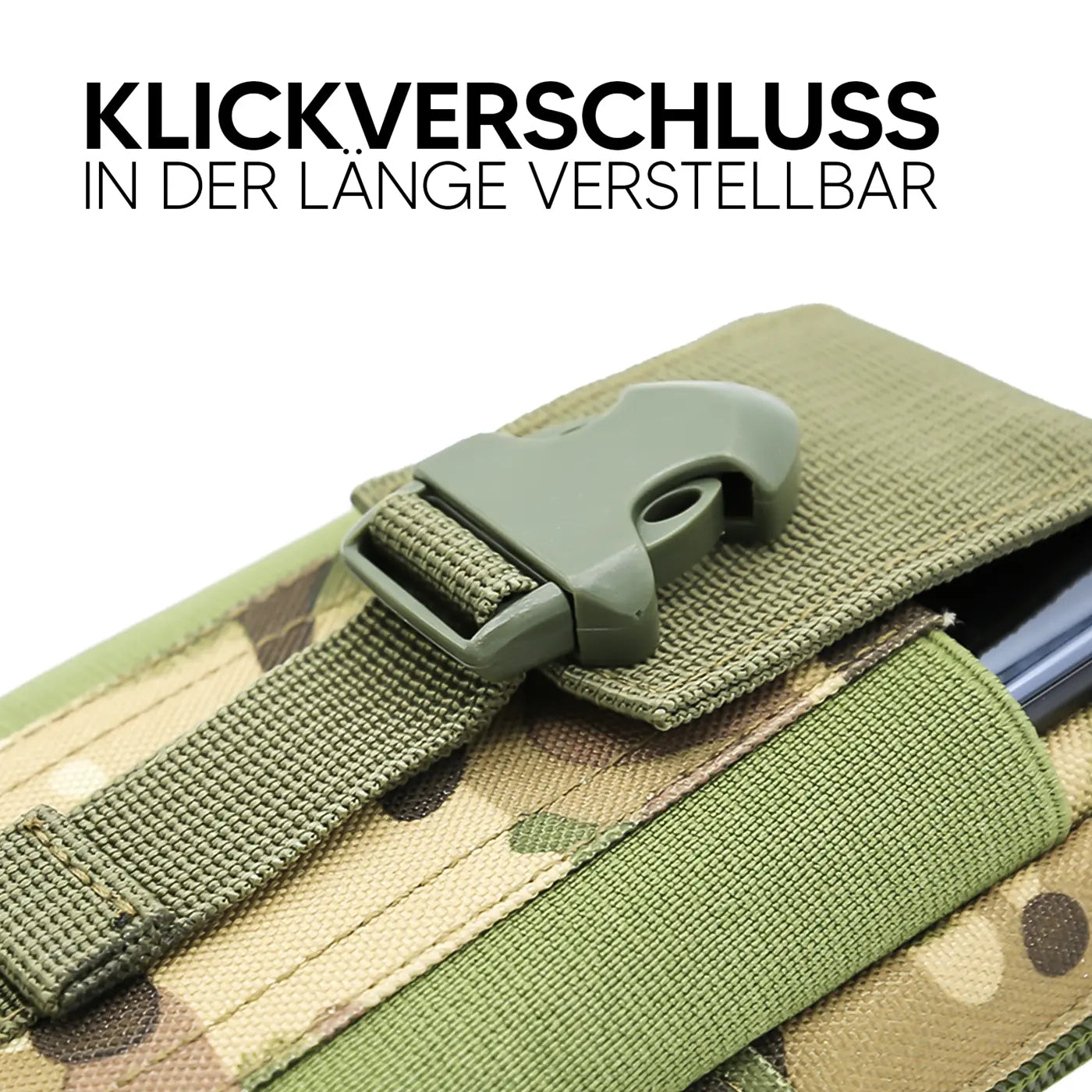 Grüne Gürteltasche aus Stoff mit Klickverschluss, Nahaufnahme, Handy erkennbar.