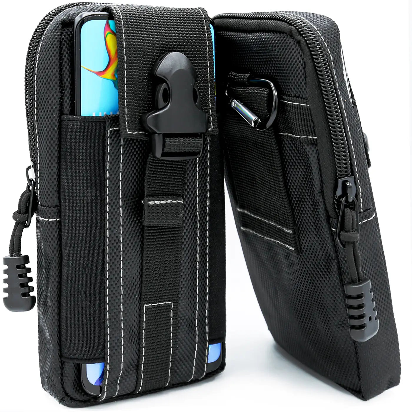 Schwarze Stoff-Gürteltasche mit Handy, von vorne und seitlich, mit Reißverschluss und Schnalle.