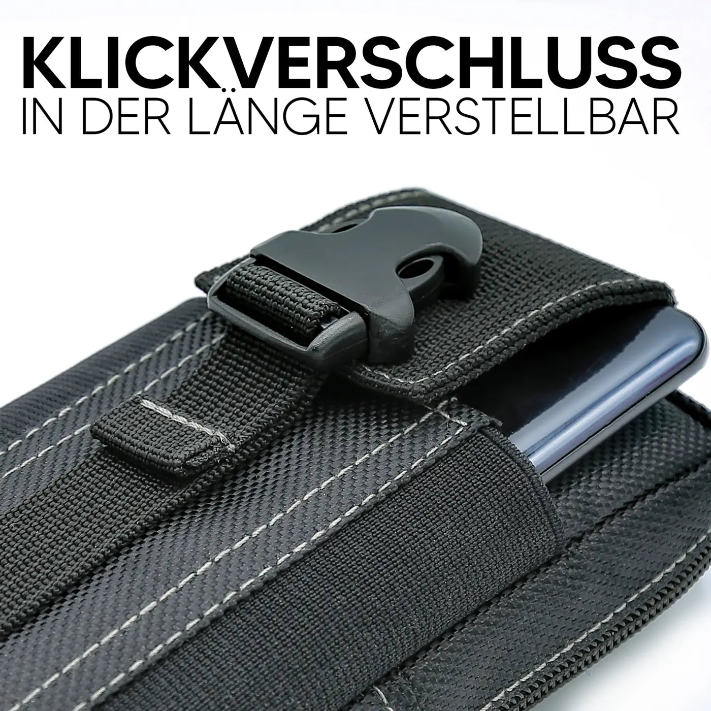 Schwarze Stoff-Gürteltasche mit Klickverschluss, Nahaufnahme, Handy erkennbar