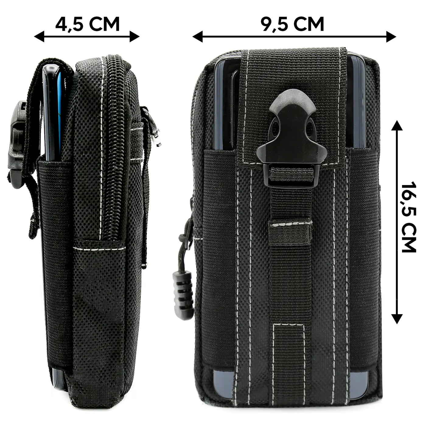 Schwarze Stoff-Gürteltasche mit Klickverschluss, zeigt Handy, Maße 9,5x16,5x4,5 cm.